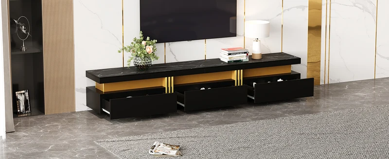 Meuble TV moderne noir doré effet marbre avec trois tiroirs 200x40x42cm THENZOIR BLACK