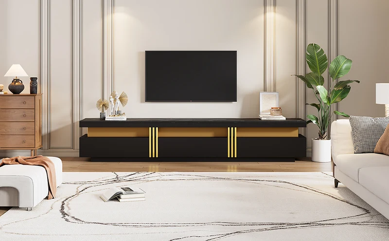 Meuble TV moderne noir doré effet marbre avec trois tiroirs 200x40x42cm THENZOIR BLACK