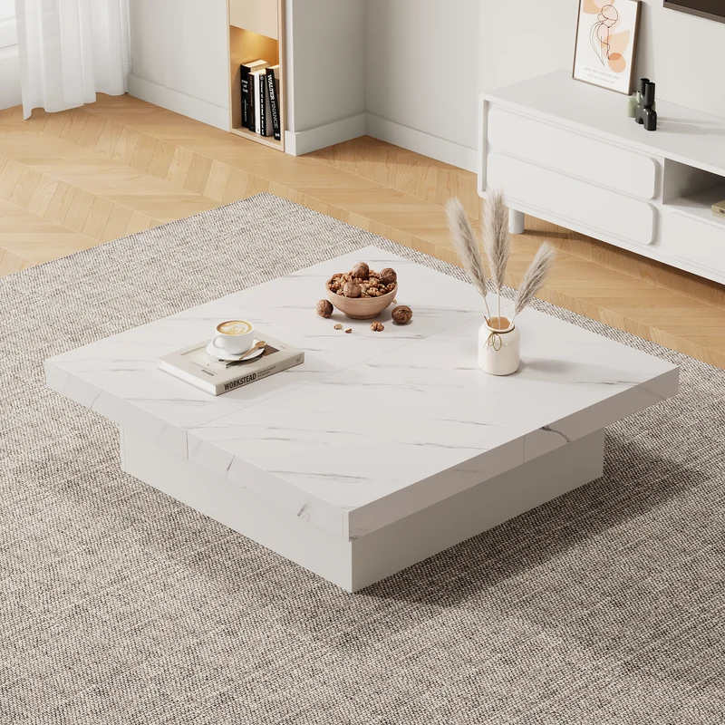 Table basse carrée moderne blanche effet marbre 4 tiroirs plateau coulissant 90x90x25cm KHEKRIED