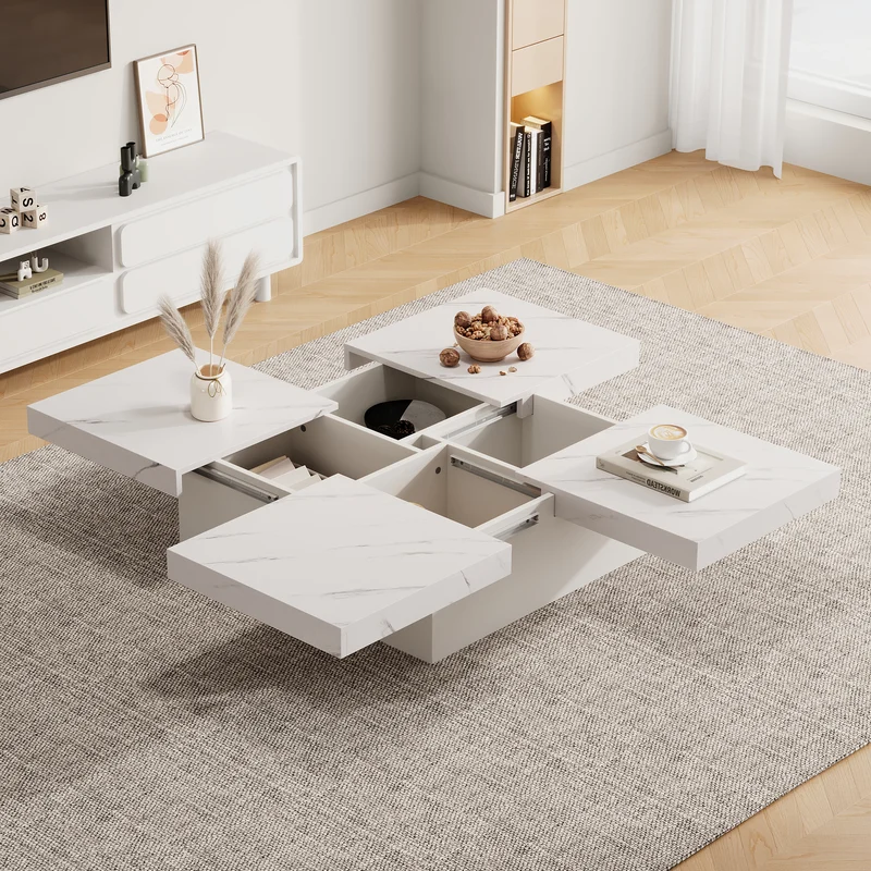 Table basse carrée moderne blanche effet marbre 4 tiroirs plateau coulissant 90x90x25cm KHEKRIED