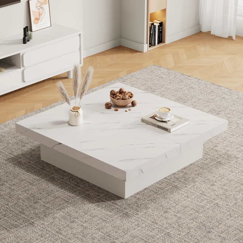 Table basse carrée moderne blanche effet marbre 4 tiroirs plateau coulissant 90x90x25cm KHEKRIED
