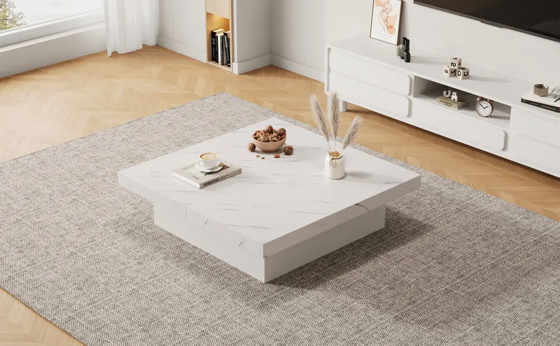 Table basse carrée moderne blanche effet marbre 4 tiroirs plateau coulissant 90x90x25cm KHEKRIED