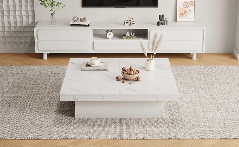 Table basse carrée moderne blanche effet marbre 4 tiroirs plateau coulissant 90x90x25cm KHEKRIED