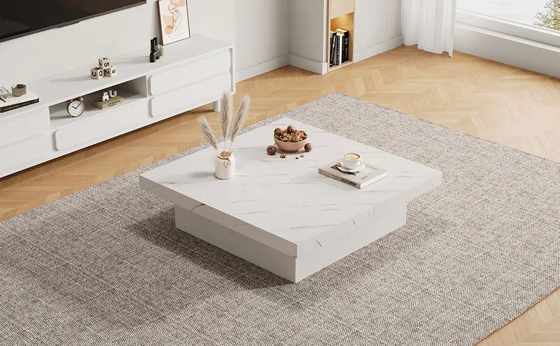 Table basse carrée moderne blanche effet marbre 4 tiroirs plateau coulissant 90x90x25cm KHEKRIED