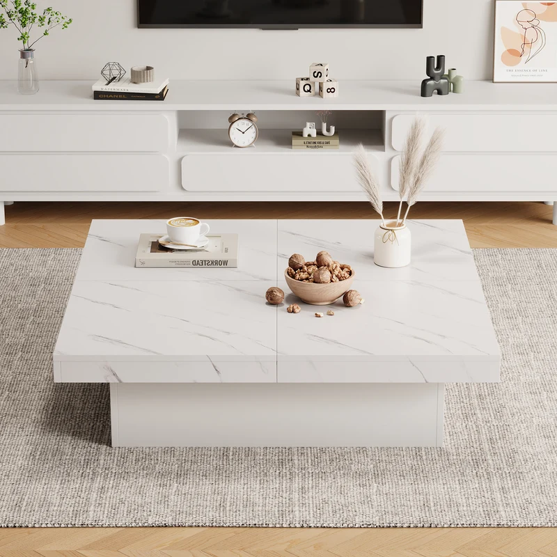 Table basse carrée moderne blanche effet marbre 4 tiroirs plateau coulissant 90x90x25cm KHEKRIED