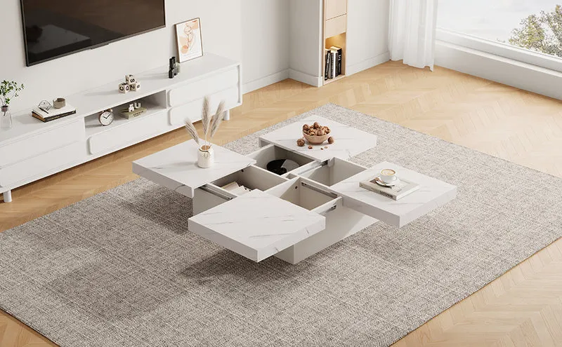 Table basse carrée moderne blanche effet marbre 4 tiroirs plateau coulissant 90x90x25cm KHEKRIED
