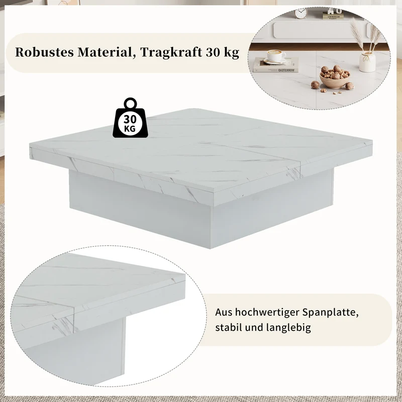 Table basse carrée moderne blanche effet marbre 4 tiroirs plateau coulissant 90x90x25cm KHEKRIED