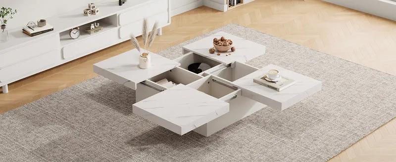 Table basse carrée moderne blanche effet marbre 4 tiroirs plateau coulissant 90x90x25cm KHEKRIED