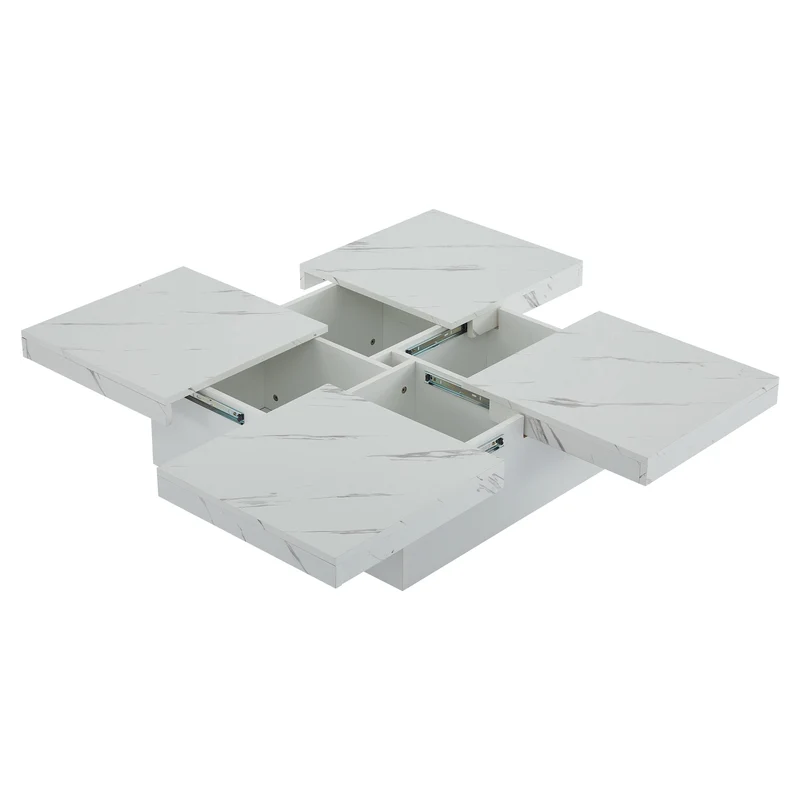 Table basse carrée moderne blanche effet marbre 4 tiroirs plateau coulissant 90x90x25cm KHEKRIED