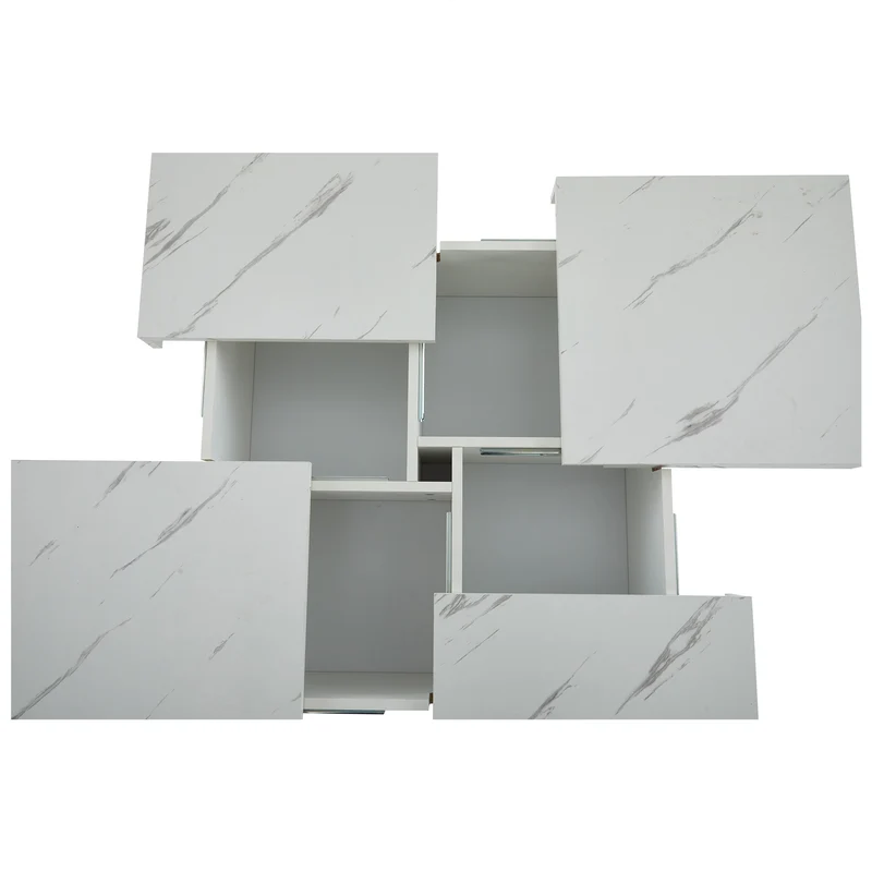 Table basse carrée moderne blanche effet marbre 4 tiroirs plateau coulissant 90x90x25cm KHEKRIED