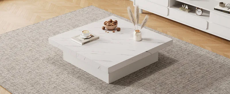 Table basse carrée moderne blanche effet marbre 4 tiroirs plateau coulissant 90x90x25cm KHEKRIED