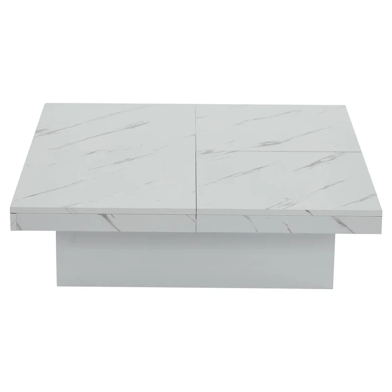 Table basse carrée moderne blanche effet marbre 4 tiroirs plateau coulissant 90x90x25cm KHEKRIED