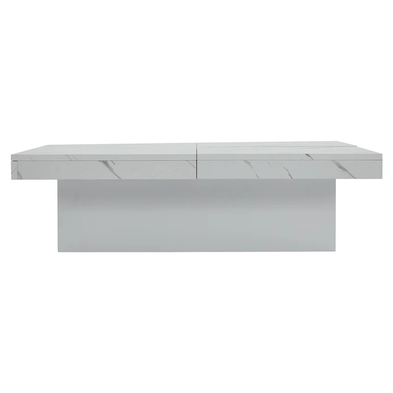 Table basse carrée moderne blanche effet marbre 4 tiroirs plateau coulissant 90x90x25cm KHEKRIED