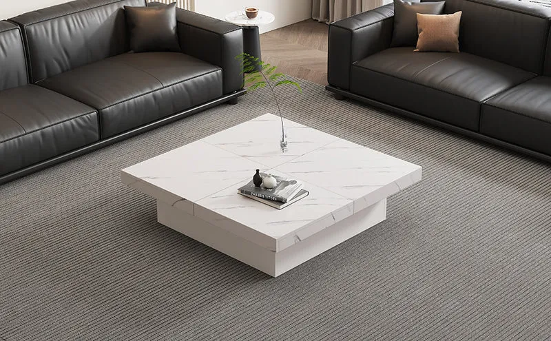 Table basse carrée moderne blanche effet marbre 4 tiroirs plateau coulissant 90x90x25cm KHEKRIED