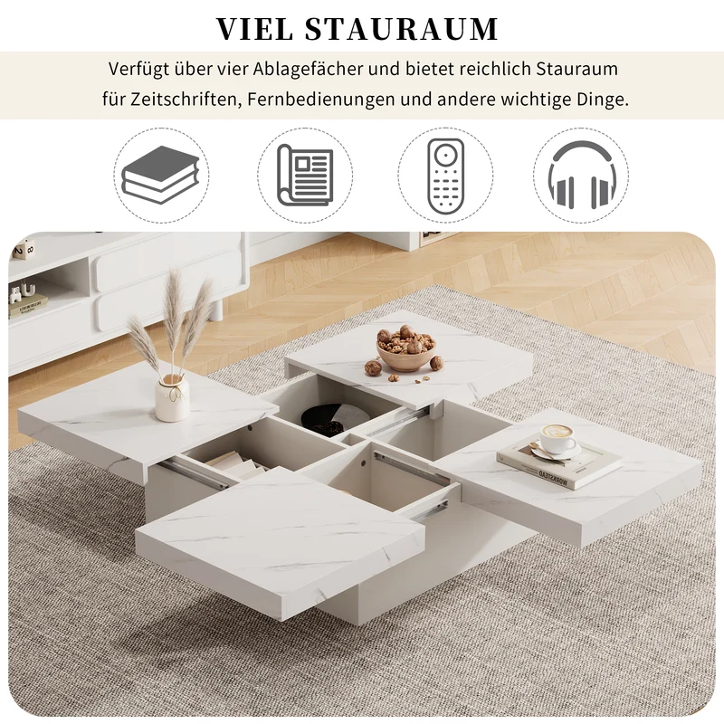 Table basse carrée moderne blanche effet marbre 4 tiroirs plateau coulissant 90x90x25cm KHEKRIED
