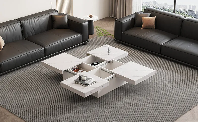 Table basse carrée moderne blanche effet marbre 4 tiroirs plateau coulissant 90x90x25cm KHEKRIED