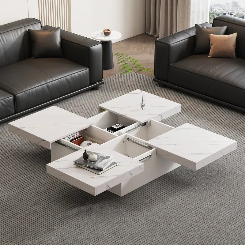 Table basse carrée moderne blanche effet marbre 4 tiroirs plateau coulissant 90x90x25cm KHEKRIED