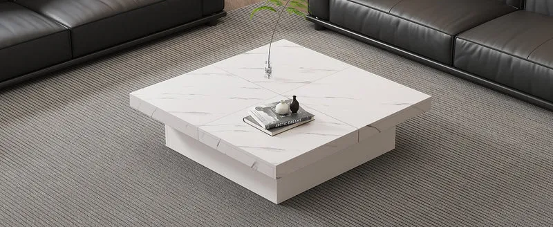 Table basse carrée moderne blanche effet marbre 4 tiroirs plateau coulissant 90x90x25cm KHEKRIED