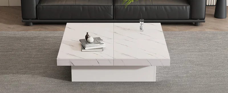 Table basse carrée moderne blanche effet marbre 4 tiroirs plateau coulissant 90x90x25cm KHEKRIED