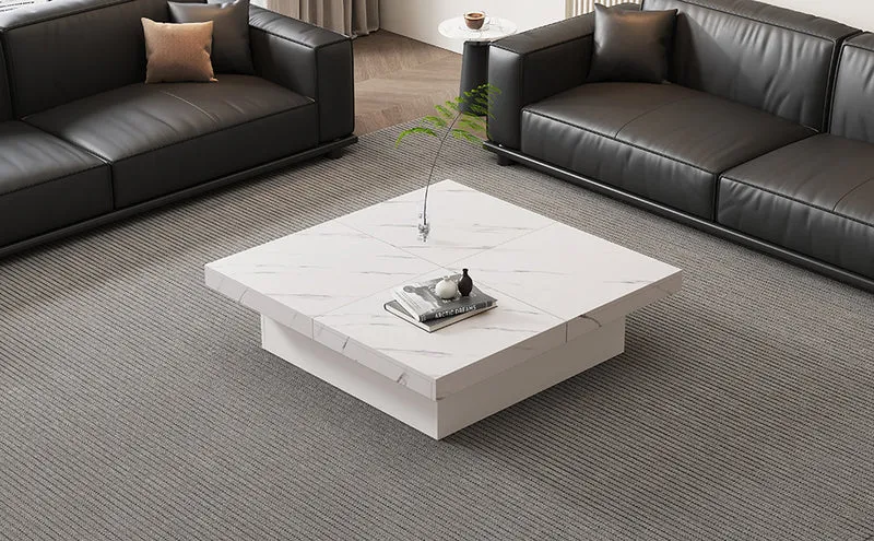 Table basse carrée moderne blanche effet marbre 4 tiroirs plateau coulissant 90x90x25cm KHEKRIED