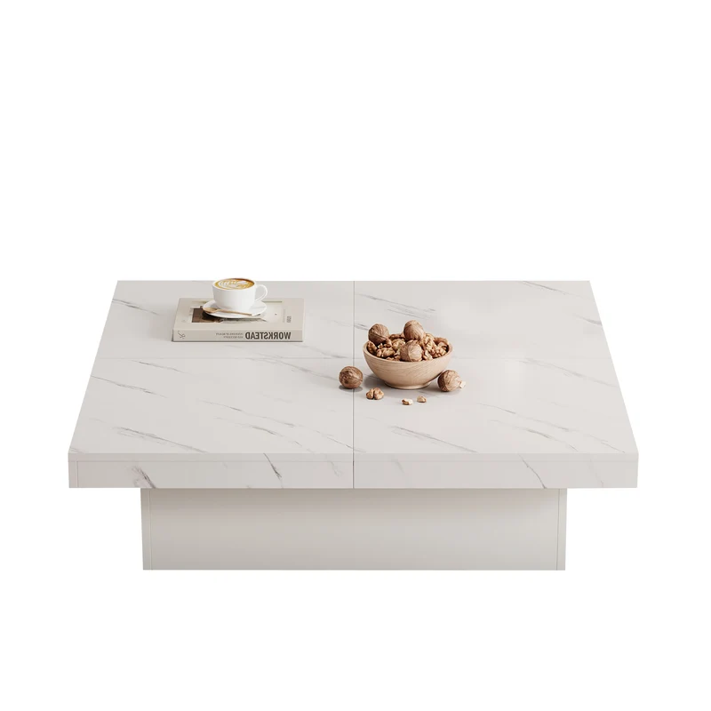 Table basse carrée moderne blanche effet marbre 4 tiroirs plateau coulissant 90x90x25cm KHEKRIED