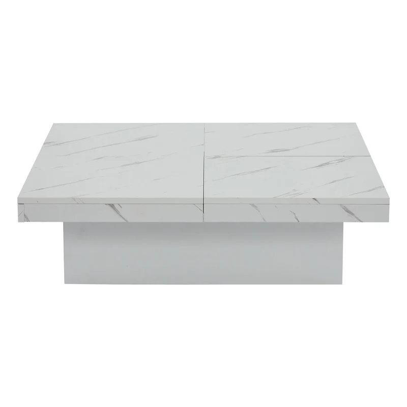 Table basse carrée moderne blanche effet marbre 4 tiroirs plateau coulissant 90x90x25cm KHEKRIED