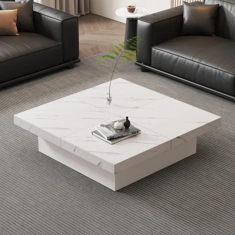 Table basse carrée moderne blanche effet marbre 4 tiroirs plateau coulissant 90x90x25cm KHEKRIED