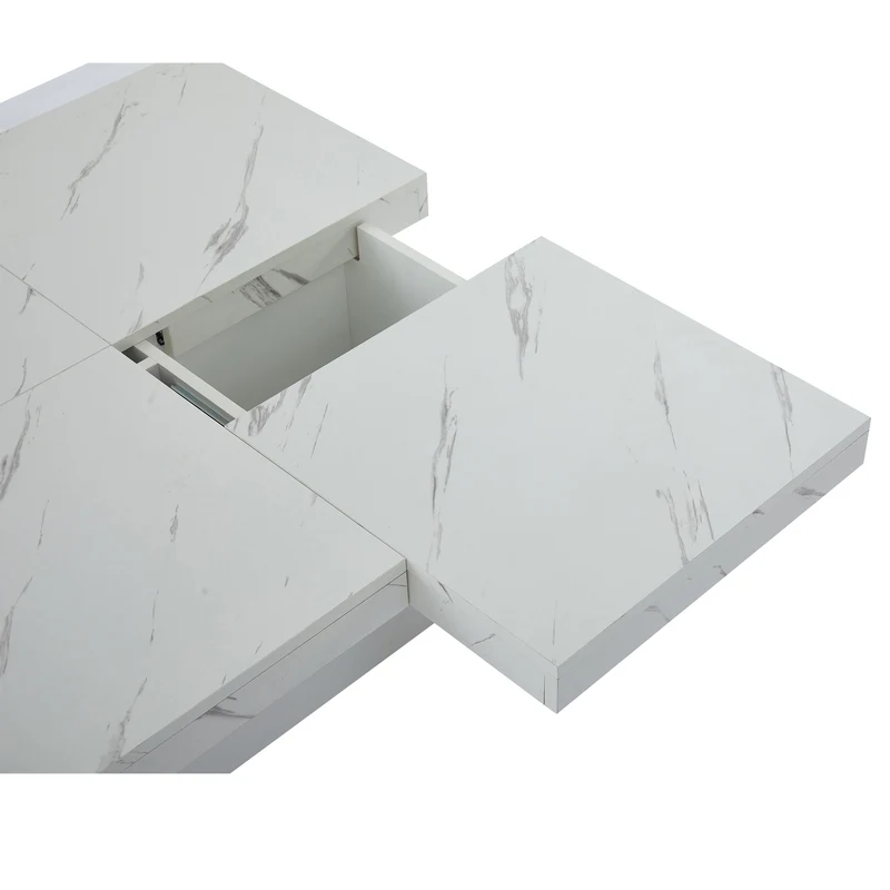 Table basse carrée moderne blanche effet marbre 4 tiroirs plateau coulissant 90x90x25cm KHEKRIED