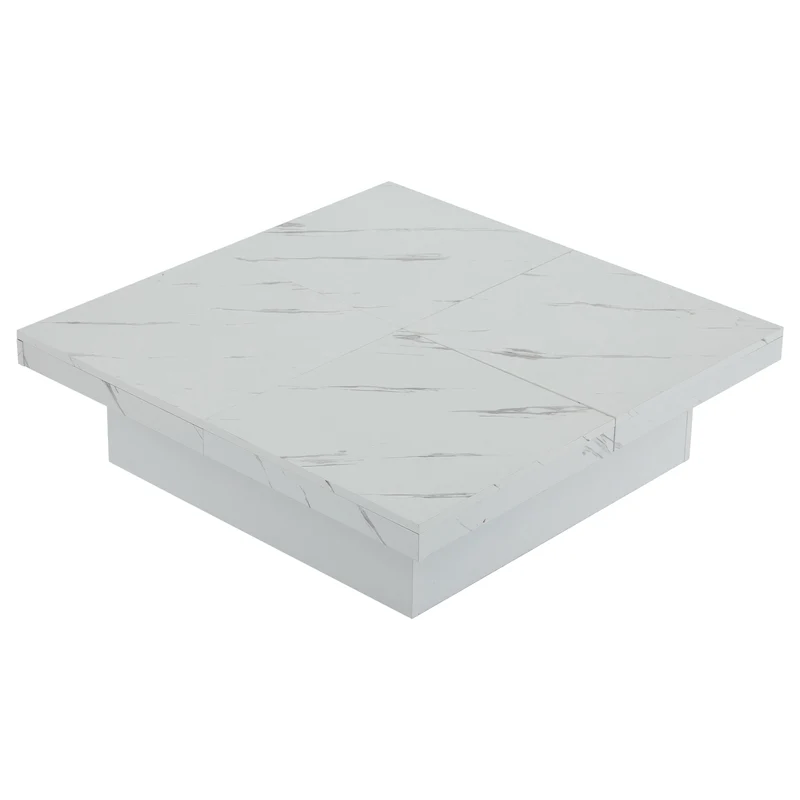 Table basse carrée moderne blanche effet marbre 4 tiroirs plateau coulissant 90x90x25cm KHEKRIED
