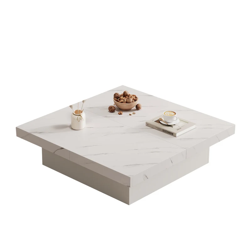 Table basse carrée moderne blanche effet marbre 4 tiroirs plateau coulissant 90x90x25cm KHEKRIED