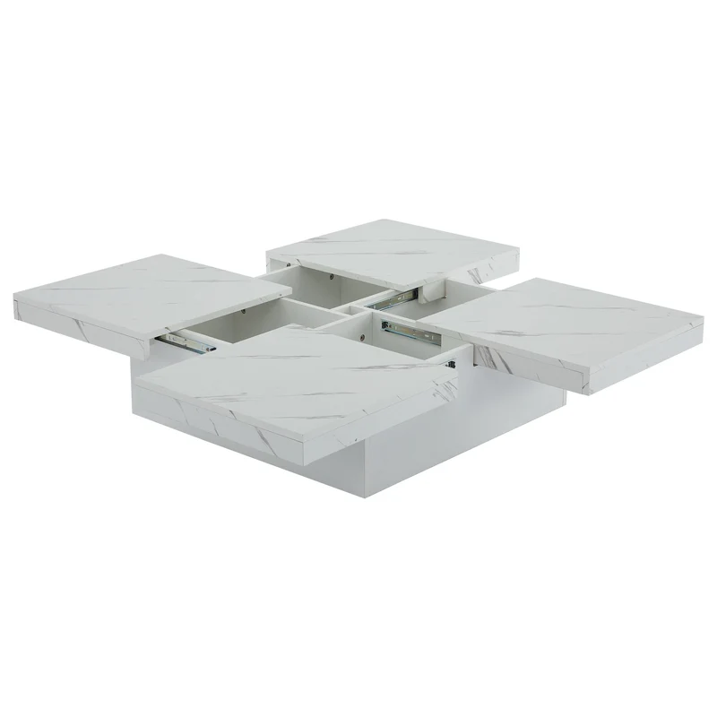 Table basse carrée moderne blanche effet marbre 4 tiroirs plateau coulissant 90x90x25cm KHEKRIED