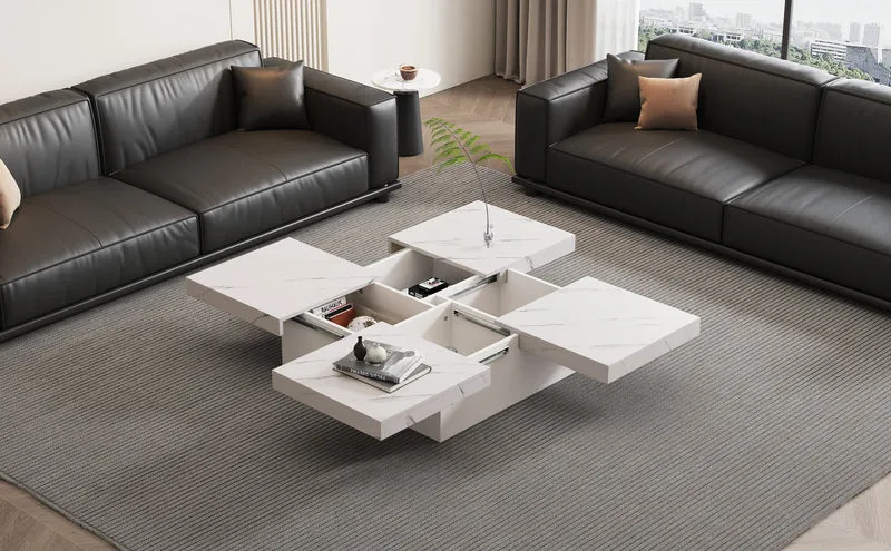Table basse carrée moderne blanche effet marbre 4 tiroirs plateau coulissant 90x90x25cm KHEKRIED