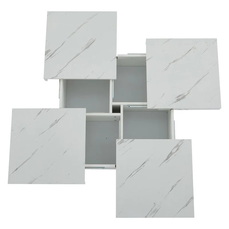 Table basse carrée moderne blanche effet marbre 4 tiroirs plateau coulissant 90x90x25cm KHEKRIED