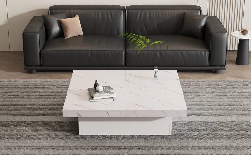 Table basse carrée moderne blanche effet marbre 4 tiroirs plateau coulissant 90x90x25cm KHEKRIED