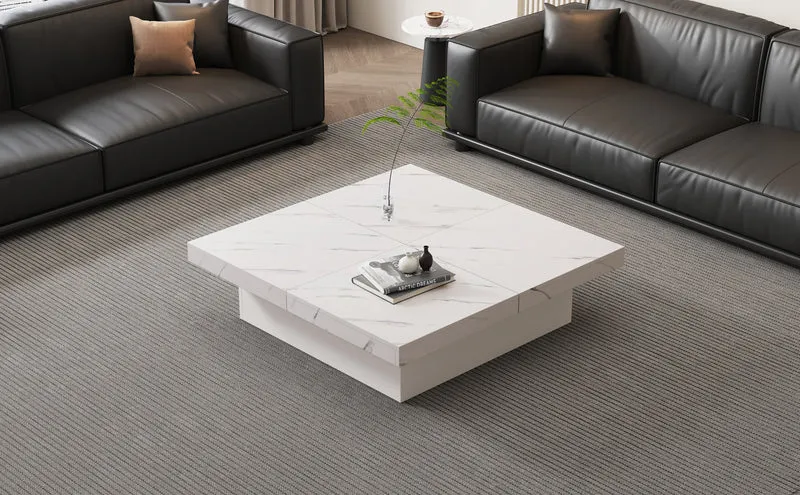 Table basse carrée moderne blanche effet marbre 4 tiroirs plateau coulissant 90x90x25cm KHEKRIED