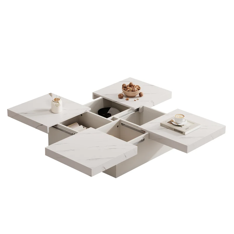 Table basse carrée moderne blanche effet marbre 4 tiroirs plateau coulissant 90x90x25cm KHEKRIED
