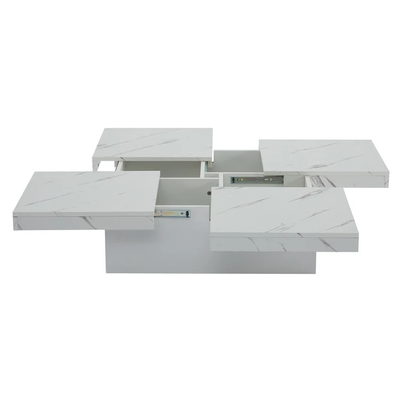 Table basse carrée moderne blanche effet marbre 4 tiroirs plateau coulissant 90x90x25cm KHEKRIED