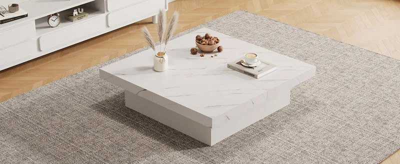 Table basse carrée moderne blanche effet marbre 4 tiroirs plateau coulissant 90x90x25cm KHEKRIED