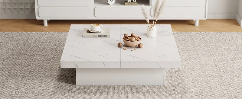 Table basse carrée moderne blanche effet marbre 4 tiroirs plateau coulissant 90x90x25cm KHEKRIED