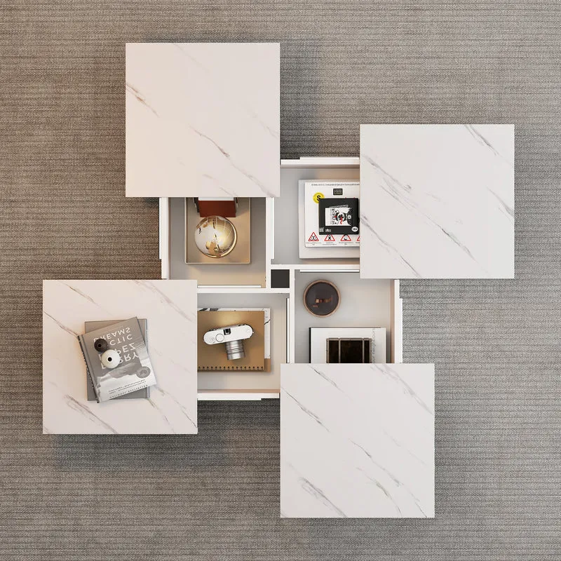Table basse carrée moderne blanche effet marbre 4 tiroirs plateau coulissant 90x90x25cm KHEKRIED