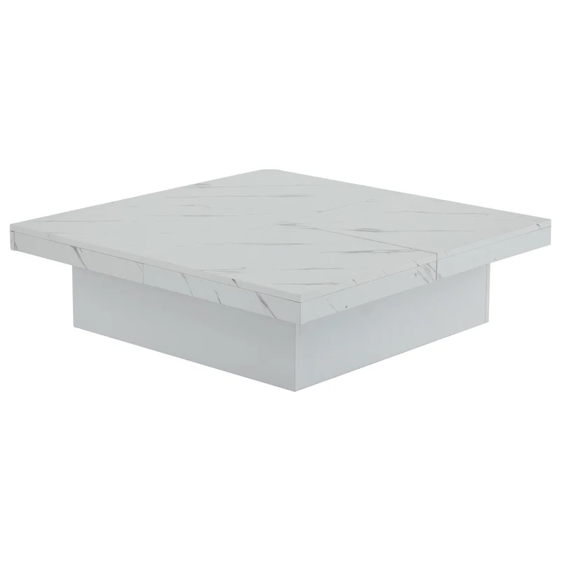 Table basse carrée moderne blanche effet marbre 4 tiroirs plateau coulissant 90x90x25cm KHEKRIED