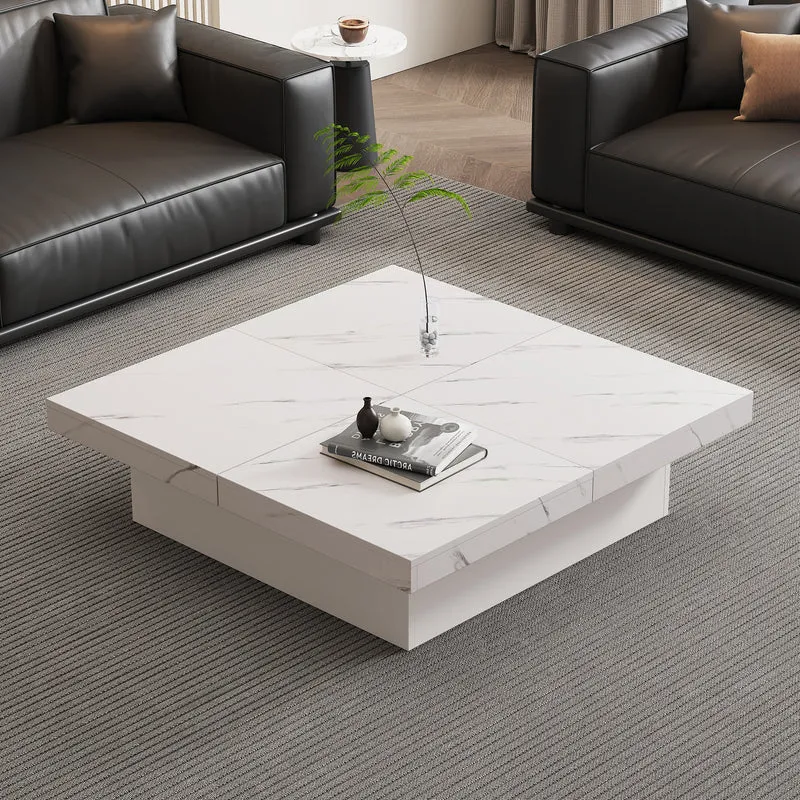 Table basse carrée moderne blanche effet marbre 4 tiroirs plateau coulissant 90x90x25cm KHEKRIED
