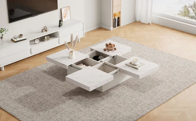 Table basse carrée moderne blanche effet marbre 4 tiroirs plateau coulissant 90x90x25cm KHEKRIED