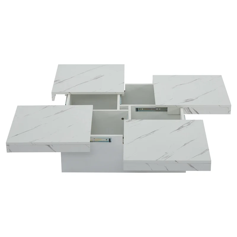 Table basse carrée moderne blanche effet marbre 4 tiroirs plateau coulissant 90x90x25cm KHEKRIED