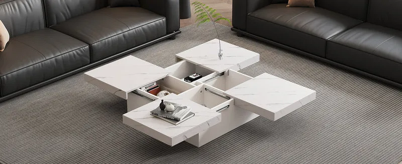 Table basse carrée moderne blanche effet marbre 4 tiroirs plateau coulissant 90x90x25cm KHEKRIED