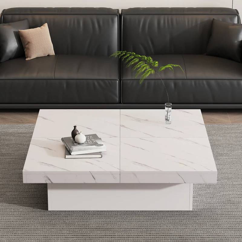 Table basse carrée moderne blanche effet marbre 4 tiroirs plateau coulissant 90x90x25cm KHEKRIED