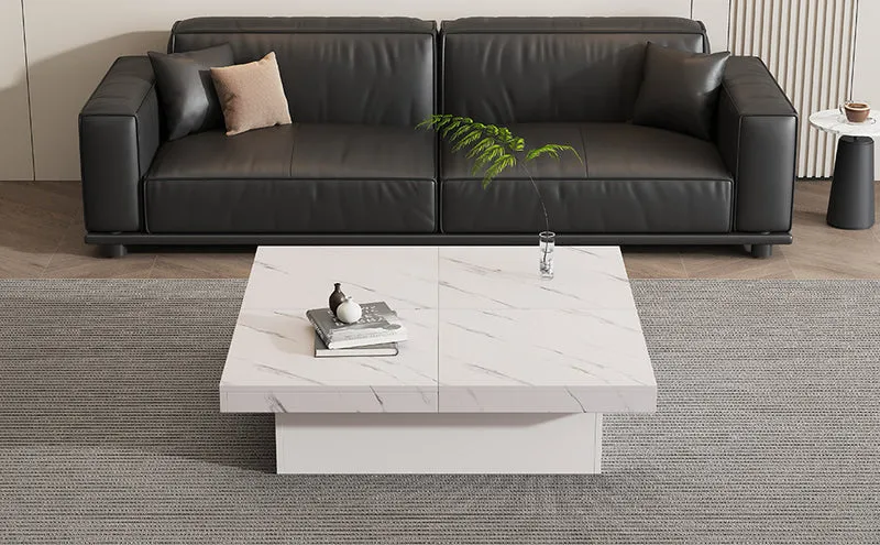 Table basse carrée moderne blanche effet marbre 4 tiroirs plateau coulissant 90x90x25cm KHEKRIED