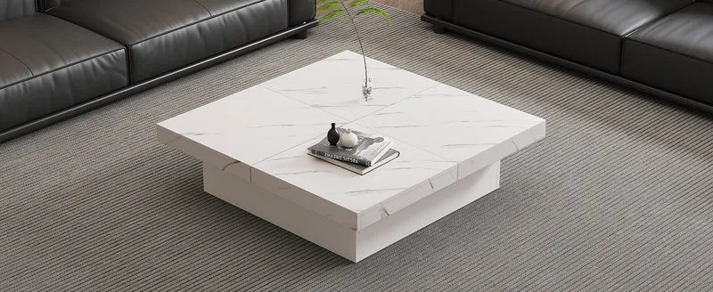 Table basse carrée moderne blanche effet marbre 4 tiroirs plateau coulissant 90x90x25cm KHEKRIED