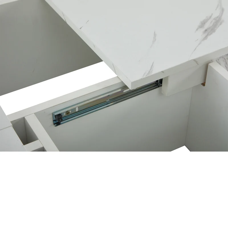 Table basse carrée moderne blanche effet marbre 4 tiroirs plateau coulissant 90x90x25cm KHEKRIED