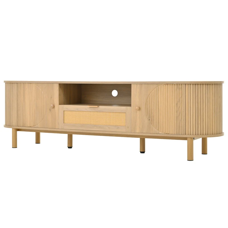 Meuble TV effet bois claire ovale tiroir en rotin 2 portes coulissantes 175x36x51cm ALIGNENO